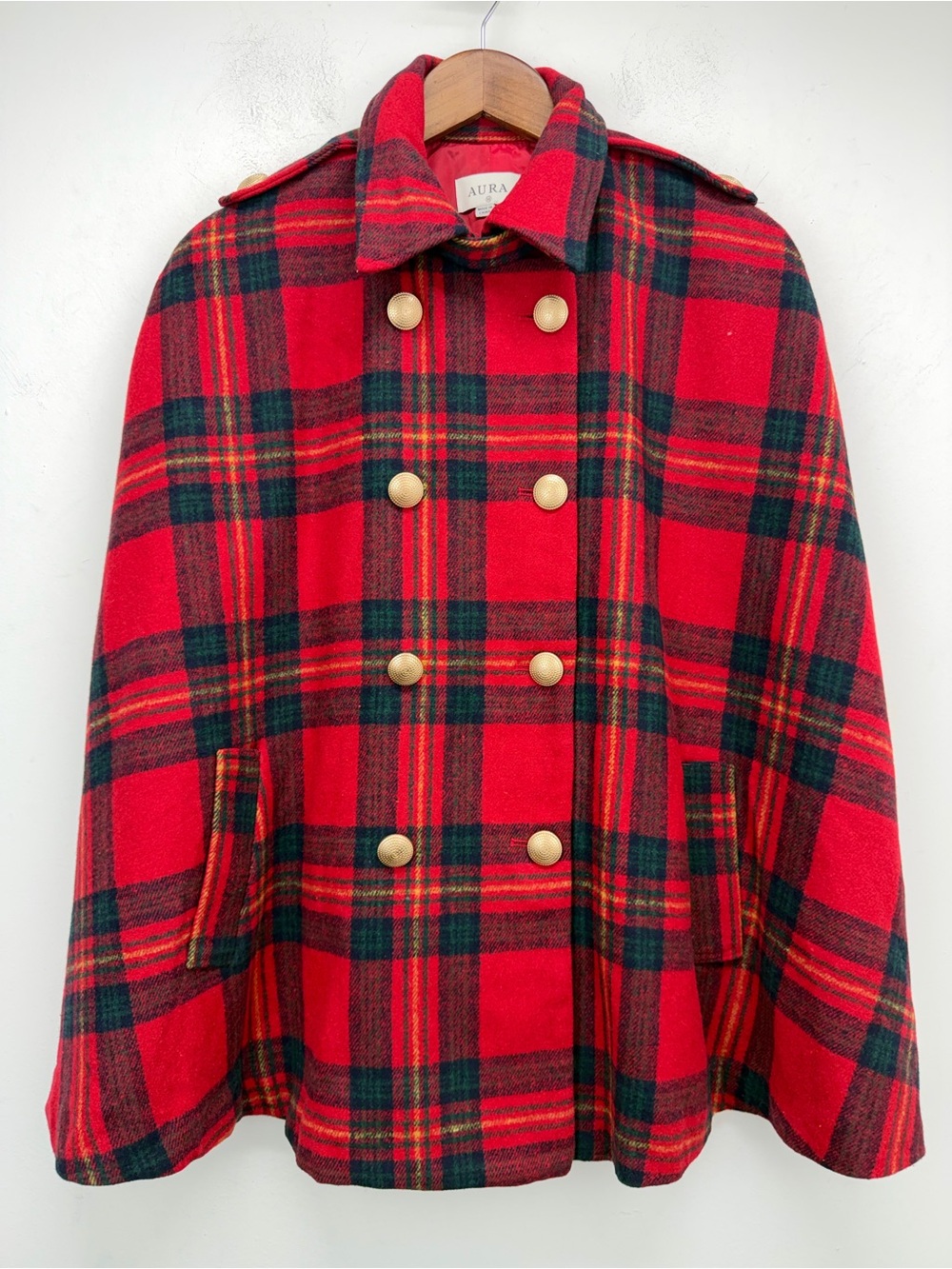 Aura size Medium Women’s Red Tartan Plaid Double-Breasted Cape Coat Poncho NWT